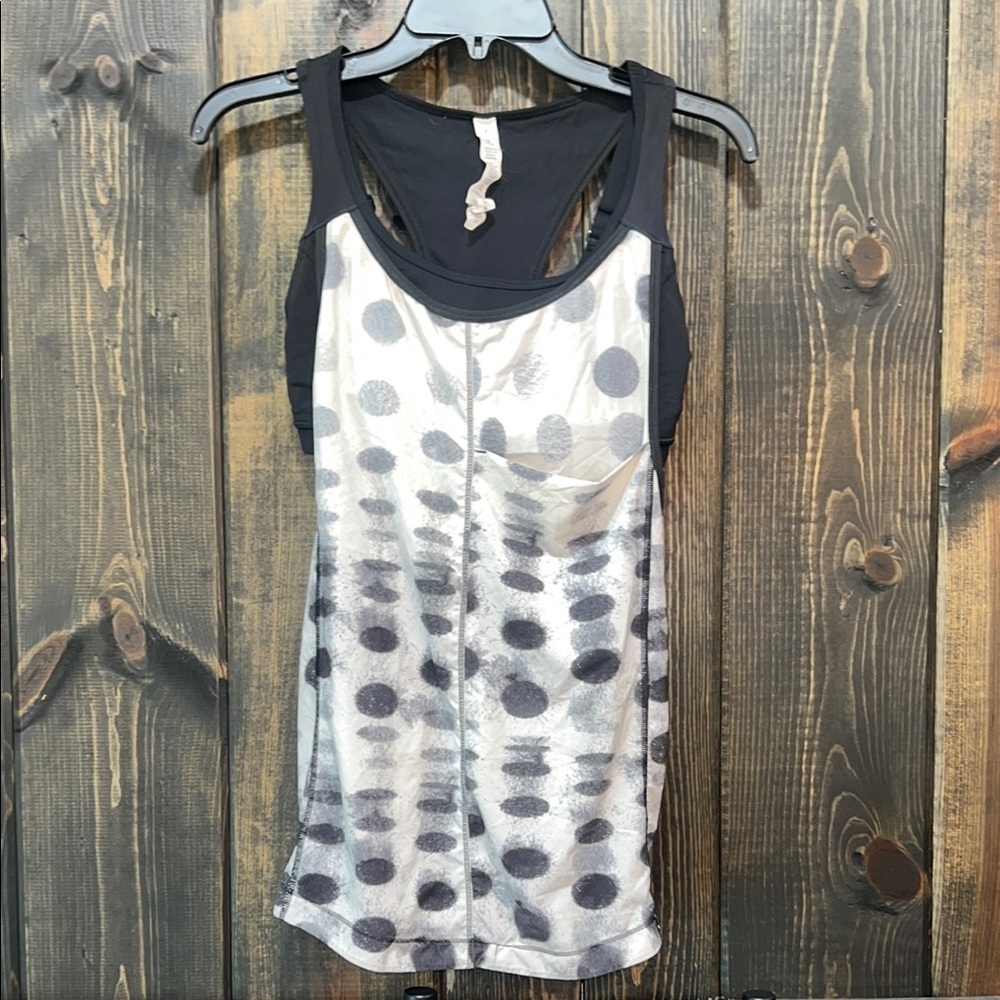 Lululemon Polka Dot Tank 6 Sports Bra Black White Athletic Pocket Racerback Gym